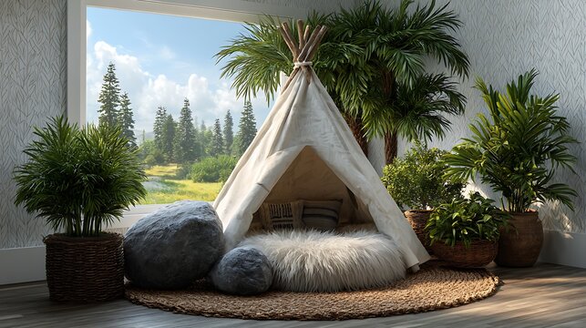 A bright childrena??s room in white with a teepee tent, plush cushions, and patterned white wallpaper.