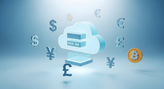 Cloud-Based Financial Data: Currency Symbols Surrounding Cloud Server