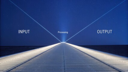 Two parallel illuminated lines extending towards processing in blue space