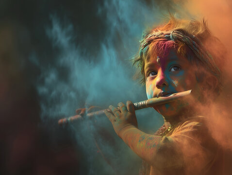 Young Boy, Inspired by Krishna, Playing Flute Amidst Color Smoke