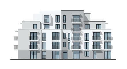 Stylish apartment complex with clean lines and minimalist architectural design featuring modern balconies and large windows offering bright urban