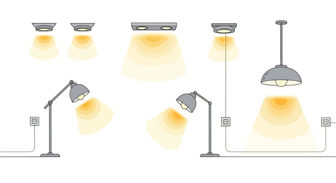 Assorted lighting fixtures vector illustration showcasing different types of light emission and electrical connections