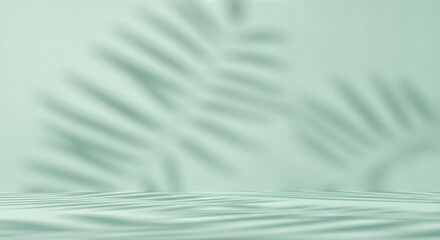 Obraz premium Minimalist showcase backdrop with palm leaves shadows and light green studio platform, inviting natural elegance and subtle sophistication.