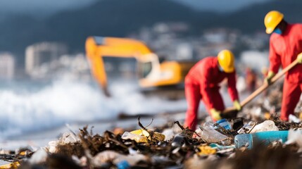 Workers clean up plastic waste from the beach during a coastal cleanup event