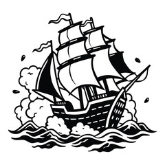 Dramatic illustration of an old pirate ship wreck emerging from a stormy rough ocean wave with a dark ominous sky