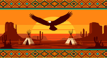 Native American Desert Landscape with Eagle, Tipis, and Sunset © aliefendi