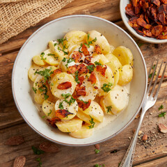 Potato salad with vegan almond bacon