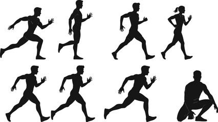 Running and crouching silhouettes, athlete sprint poses, sports, fitness, exercise, training, jogging, motion, biomechanics, health, lifestyle, professional illustration