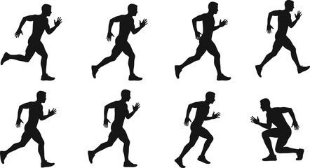 Running silhouettes, athlete sprint poses, sports, fitness, exercise, training, jogging, marathon, motion, biomechanics, health, lifestyle, professional illustration