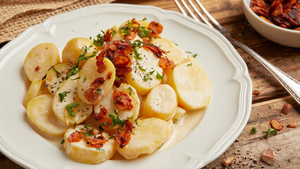 Potato salad with vegan almond bacon