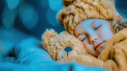 Child sleeping peacefully with teddy bear in cozy blanket at home