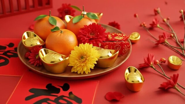 Lunar New Year arrangement with oranges, gold ingots, flowers, and red envelopes