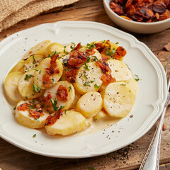 Potato salad with vegan almond bacon
