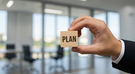 Hand holding a wooden block with the word "plan" in a bright office.