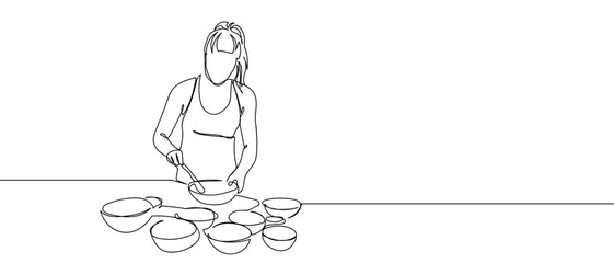 Woman cooking healthy food. Continuous hand drawn doodle line art vector illustration. Editable stroke.