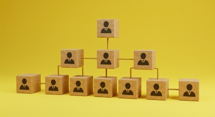 Wooden blocks with person icons arranged in a hierarchical structure on yellow.