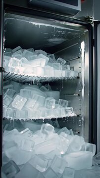 Plenty of clear ice cubes cascade from an automatic ice maker into a bin, filling with frosty coldness