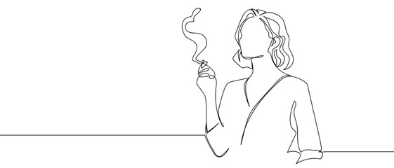 Woman smoking, continuous hand drawn doodle line art vector illustration. Editable stroke.