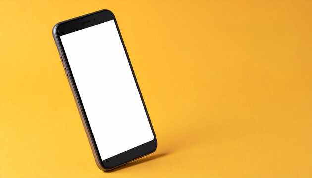 Sleek modern smartphone with a blank white screen, elegantly tilted against a vibrant yellow background, offering a clean digital display concept for various mobile technology uses