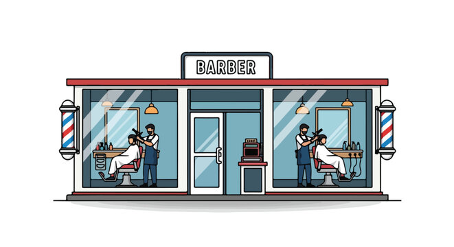 Stylized cartoon illustration of a barbershop facade with classic barbering scene depiction providing artistic elegance