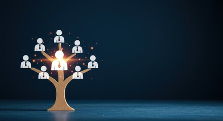 Tree with human figures representing an organization or network on dark background.