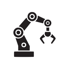 A dark blue robotic arm with claw on a white background showcasing industrial automation and technology design