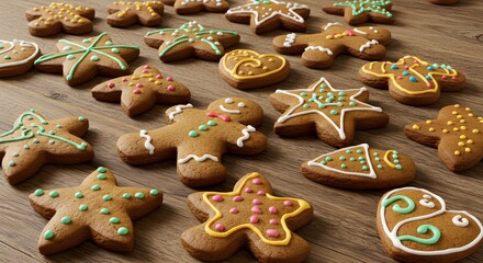 Assorted gingerbread cookies on wooden surface
