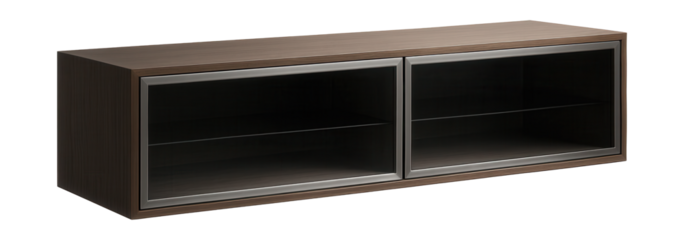 A sleek, low-profile dining console with split glass doors for modern home displays.
