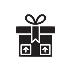 A minimalist icon of a dark gift box with a ribbon and two arrows pointing up on a white background