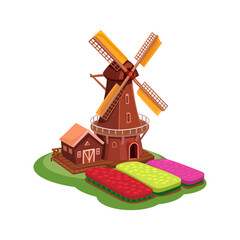 Cartoon Dutch Windmill with Colorful Tulip Fields Vector Illustration