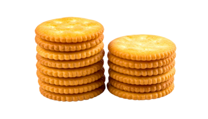 Two stacks of round cheese crackers with golden baked texture isolated on transparent background