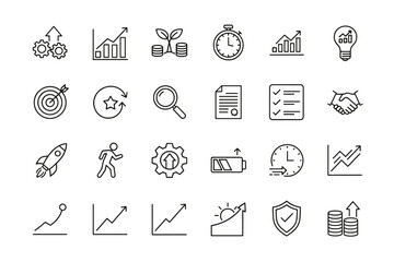 Progress outline icon set. Business growth, success, and development symbols. Chart, graph, target, rocket, and startup icons for strategy, performance and investment.