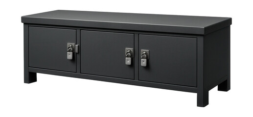 Durable storage bench with lockable compartments for secure commercial use.