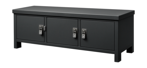Durable storage bench with lockable compartments for secure commercial use.