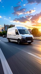 Fototapeta premium A white delivery van speeds down a city road bathed in the warm glow of the setting sun