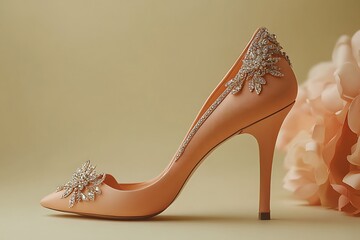 A peach-toned fancy heel with open sides and embellished upper edge on an almond-colored backdrop 