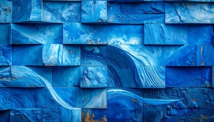 Abstract blue tiled wall, textured with flowing patterns and varying shades