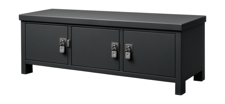Durable storage bench with lockable compartments for secure commercial use.