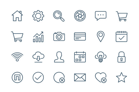 Simple line icon set for web and mobile. Universal thin icons for UI and GUI design. Editable stroke. Website navigation signs. Business, e-commerce and app elements.