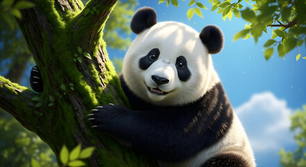 Adorable panda climbing a mossy tree looks playfully at the camera with bright green leaves and a clear blue sky background perfect for kid's content