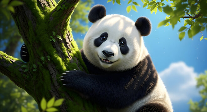 Adorable panda climbing a mossy tree looks playfully at the camera with bright green leaves and a clear blue sky background perfect for kid's content