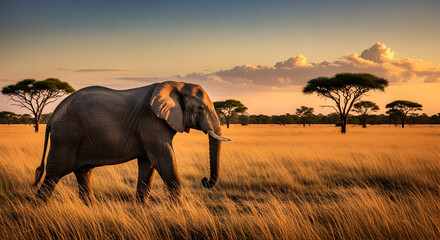 Fototapeta premium Stunning African wildlife scene featuring majestic elephant walking across golden savanna grasslands during vibrant sunset, evoking adventure and conservation
