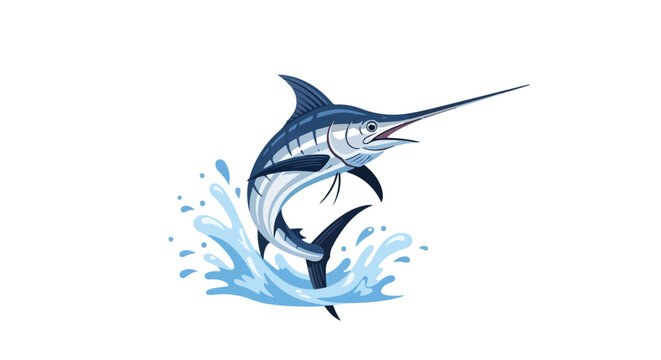Majestic marlin leaps from azure waves, showcasing power and aquatic grace in a vibrant nautical illustration