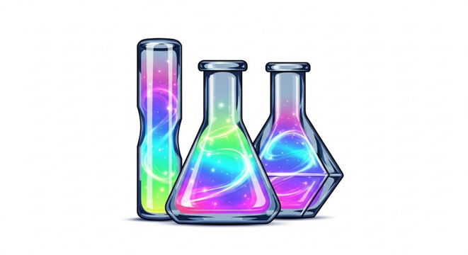 Colorful science lab beakers and flasks with liquid potion for chemistry and scientific experiments study