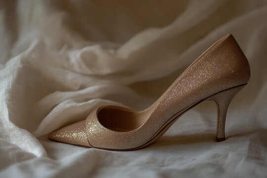 A soft bronze heel with curved glittery strap pattern and thin heel resting on a linen sheet 