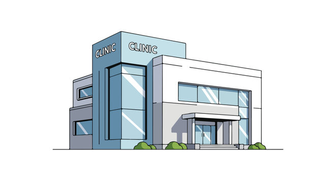 Stylized medical clinic illustration with contemporary architectural elements and clean design aesthetic for healthcare branding solutions