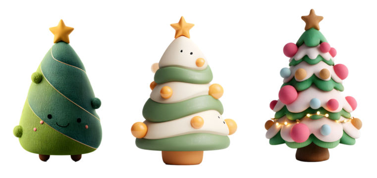 Cute cartoon Christmas trees with stars and ornaments isolated on white background, winter decoration cut out PNG