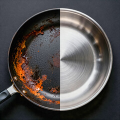 Dramatic Before and After Comparison of a Dirty, Burnt, and Rusted Non-Stick Frying Pan Next to a Clean, Polished Stainless Steel Pan, Illustrating Cleaning Power and Restoration