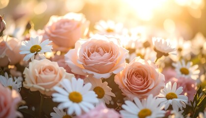 Soft pastel roses and daisies