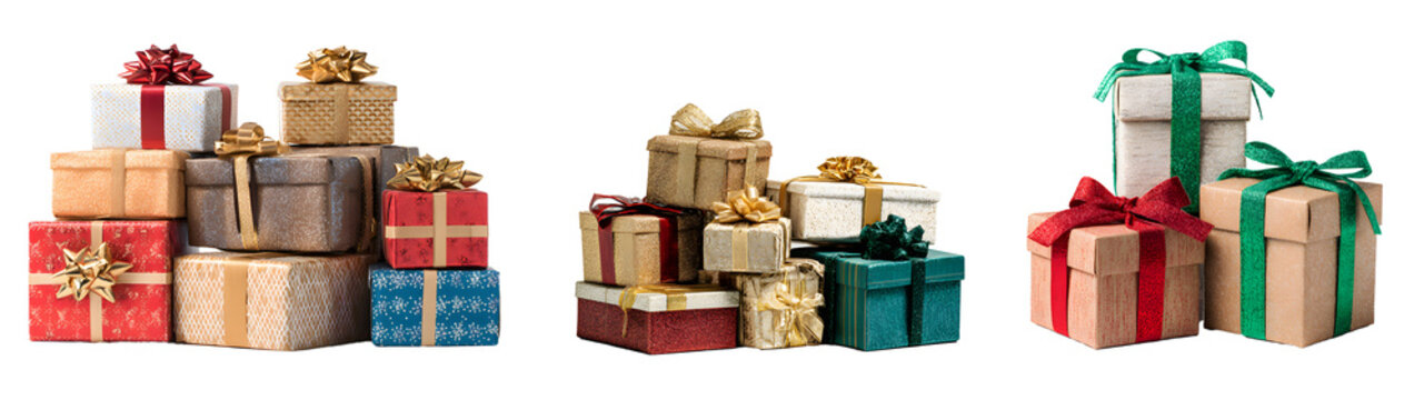Colorful gift boxes collection isolated on white background, transparent PNG cut out, Christmas and holiday presents